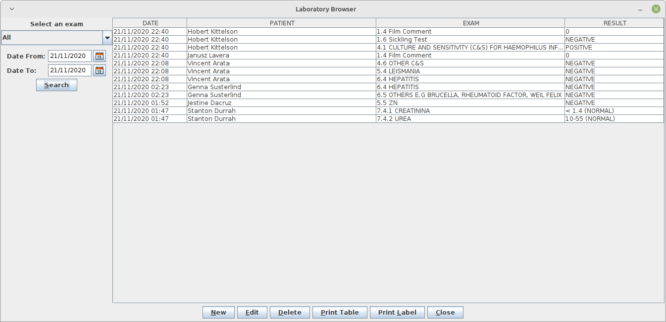 Laboratory Browser after search