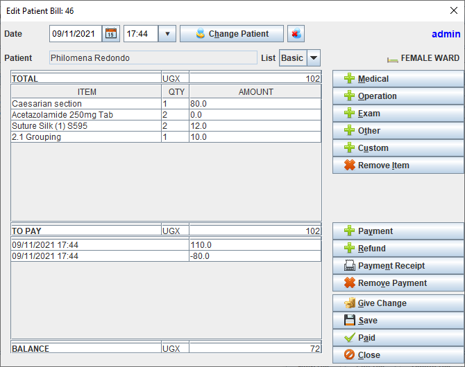 Edit Patient Bill Female Ward