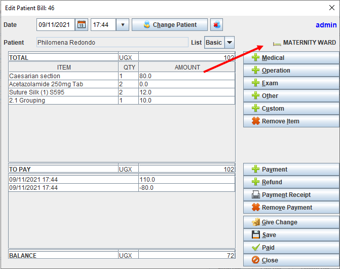 Edit Patient Bill Maternity Ward